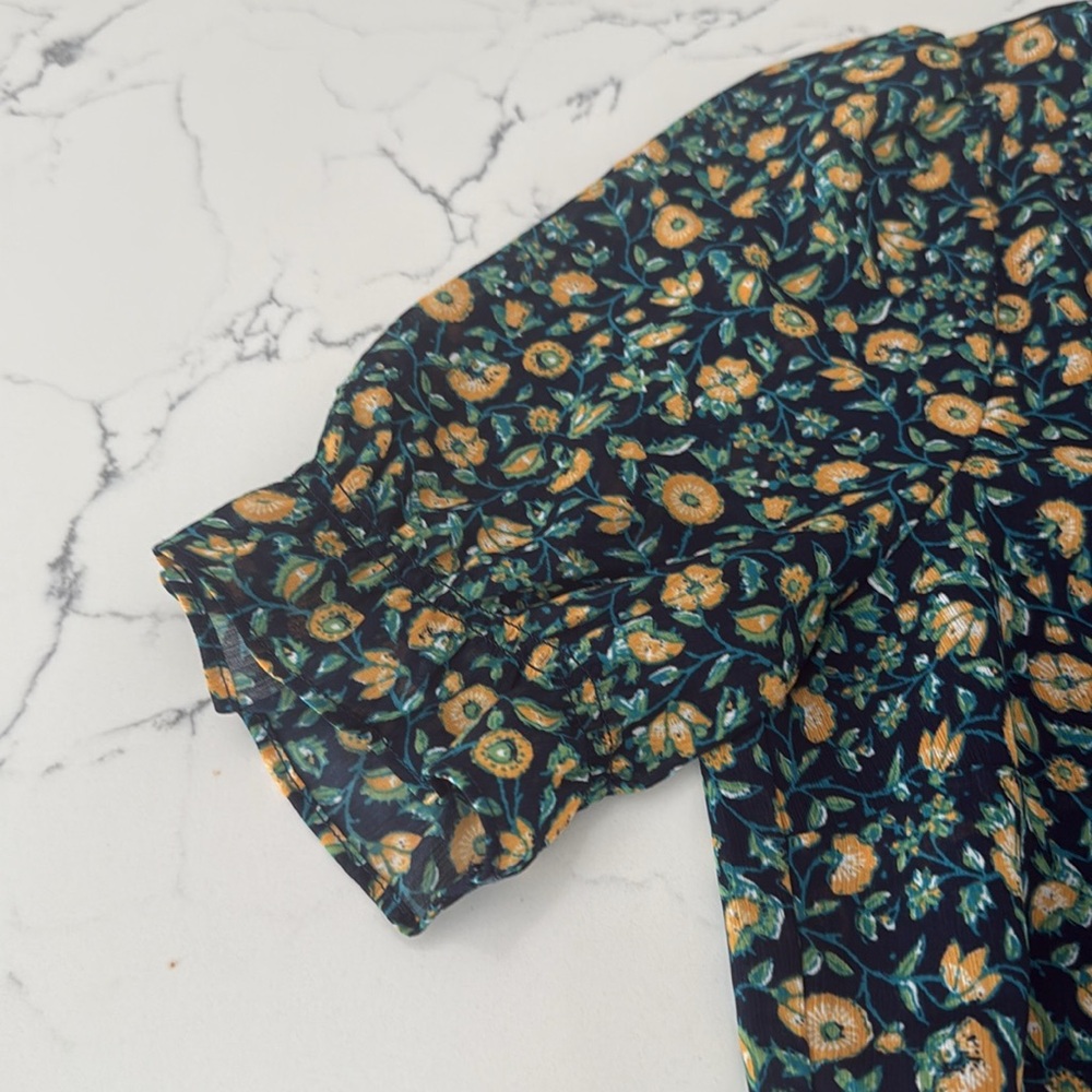 J Crew Blue Print Blouse with slightly orange/yellow and green-size small